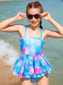 Tween Girls' Tie-Dye Bowknot Strap Multi-Tier Ruffle Hem Tankini Swimsuit, Beach/Holiday - Blue - View 1
