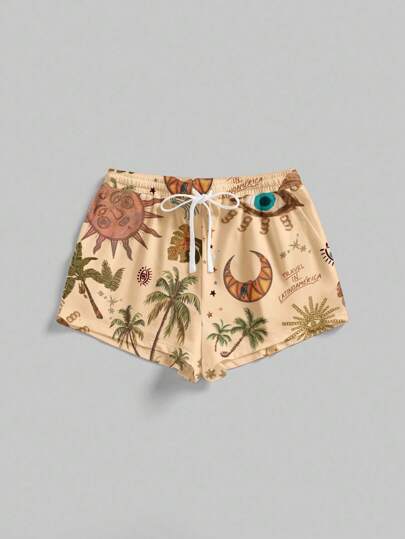 Fairycore Sexy Beach Holiday Sun & Palm Tree Print Ruffle High Split Hem Women Shorts Suitable For Going Out