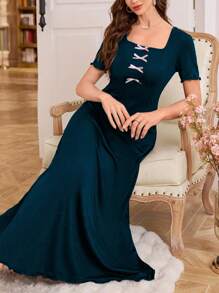 优雅撞色蝴蝶结装饰女士睡衣裙 - 水鴨藍 - 查看 4