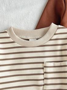 SHEIN Baby Boy 4-Piece Casual Set:Striped Crew Neck Long Sleeve Top & Loose Pants,Shades Of Brown,Autumn,Modest,Family Matching,Solid Ribbed Cuff Outfits - Multicolor - View 3