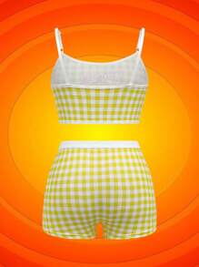 LOONEY TUNES X SHEIN Tween Girl Plaid And Cartoon Pattern Camisole Top And Boxer Shorts Undershirt Set - Purple - View 6