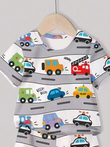 Baby Boy Car Print Casual Knit Pajama Set With Short Sleeve Tee And Shorts, Summer - Grey - View 4