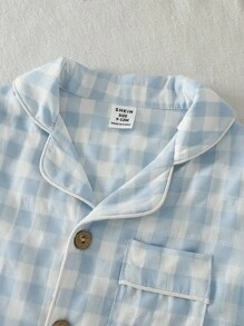 Genkimix Kids 2 件套婴幼儿男童蓝白格子图案木质纽扣领开衫和裤子，舒适睡衣套装