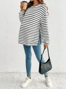 SHEIN 孕妇条纹圆领落肩长袖宽松休闲运动衫 - 灰色 - 查看 7