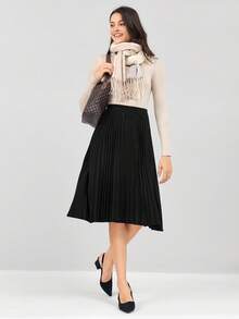 Miaspire Summer Elegant Elastic Waist Pleated Midi Skirt - Black - View 3