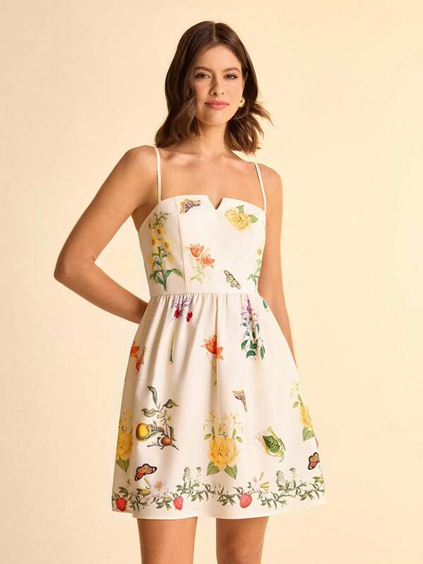 CAJUNI Vestido con escote en V, tirantes finos y estampado tropical de flores de estilo bohemio para mujer, ideal para vacaciones