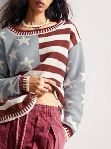 Bohemela Autumn/Winter Boho Retro Striped Star Pattern Usa Flag Graphic Knit Pullover Sweater, Suitable For Independence Day & Vacation & Daily Wear - Multicolor - View 5