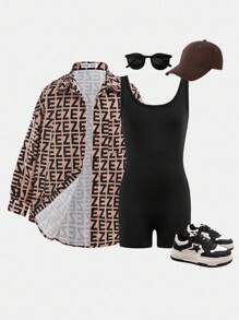 Conjunto de chaqueta con estampado completo + mono de punto negro para niñas preadolescentes, atuendo versátil de moda casual diaria para el regreso a clases - Café integral - Ver 1