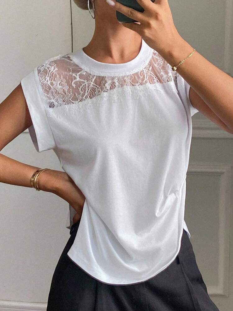 Women's Casual Street Style Contrast Lace Round Neck T-Shirt, Autumn