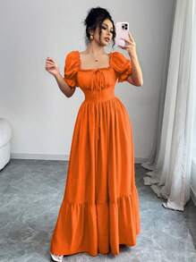 Rafferiza 女式方领泡泡袖前系带露背束腰连衣裙 - 橘色 - 查看 7