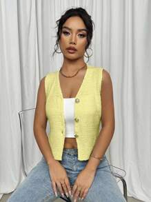 Elenzga 2024年新款欧式性感深V无袖修身针织毛衣背心上衣 - 黃色 - 查看 5