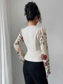 Elenzga Áo cánh tay dài cổ tròn thêu lưới xếp ly phong cách Pháp lãng mạn Sicily thanh lịch giản dị đi làm kỳ nghỉ tiệc trà chiều cho nữ, mùa xuân/hè - Màu be - Xem 2