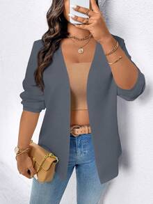 EMERY ROSE Blazer casual con maniche lunghe, senza chiusura, di colore tinta unita, per donna, taglie forti