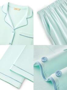 LUVLETTE Bộ đồ ngủ mùa hè mềm mại, 100% cotton nguyên chất, phối màu tương phản, tay ngắn, cài cúc đơn giản và quần dài, có túi, thoải mái ở nhà. - Màu xanh Bạc hà - Xem 3