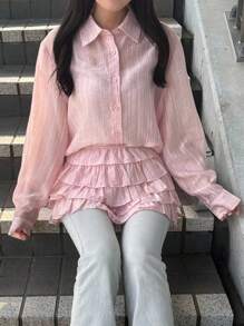 FRIFUL 2pcs Women Solid Color Sweet Casual Back To School Outfit, Layered Shirt And Skirt Set, Autumn