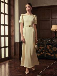 ZEYLAH Sukienka damska w jednolitym kolorze z krótkim bufiastym rękawem i eleganckim wykończeniem w kształcie ryby - Żółty - Zobacz 5