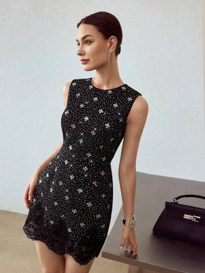 MOTF PREMIUM SEQUINS GUIPURE LACE HEM BODYCON SHORT DRESS