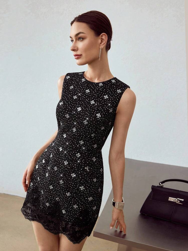 SEQUINS GUIPURE LACE HEM BODYCON SHORT DRESS