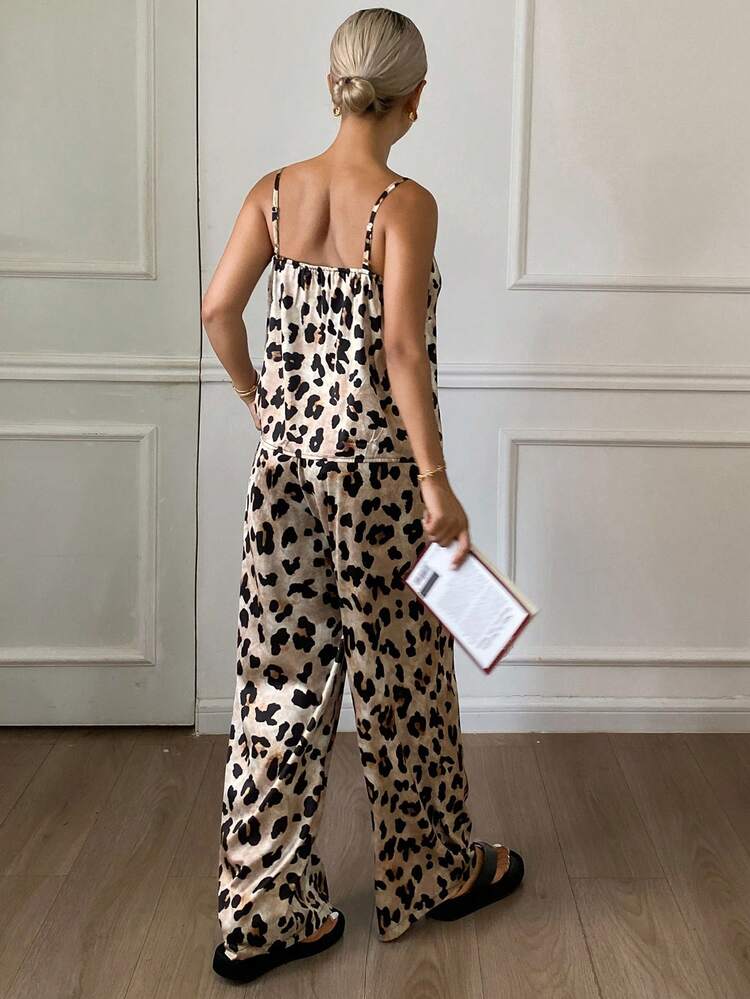 Satin Leopard Print Full Digital Print Camisole Top And Pants Set, Women Pajamas