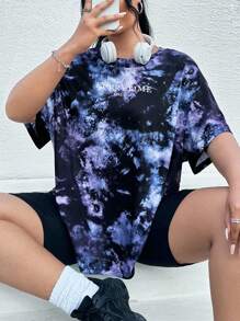 SHEIN EZwear 扎染和标语图案落肩 T 恤 EVERYTIME MISS U For Summer - 彩色 - 查看 1