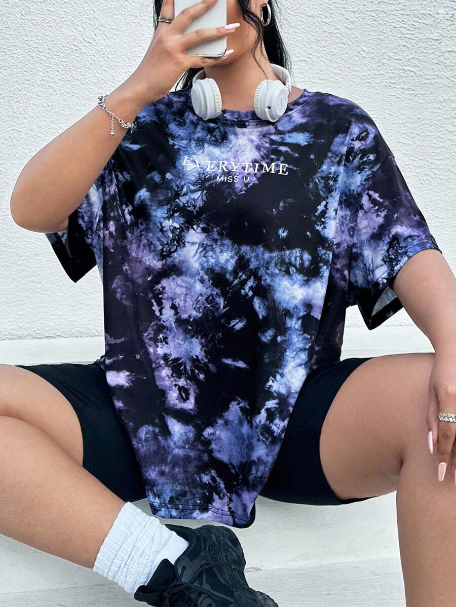 SHEIN EZwear 扎染和标语图案落肩 T 恤 EVERYTIME MISS U For Summer - 彩色 - 查看 1