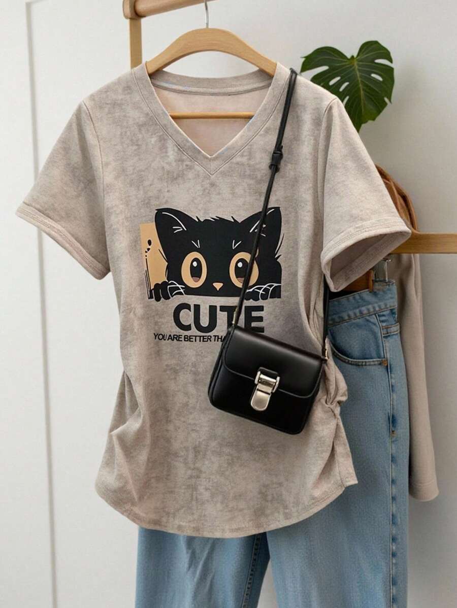 INAWLY Áo thun tay ngắn in họa tiết đồ họa cỡ chuẩn dành cho nữ, mùa hè - Xám - Xem 1