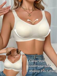 SHEIN Sujetador inalámbrico de unicolor elegante para mujeres, adecuado para el uso diario - Beis - Ver 4