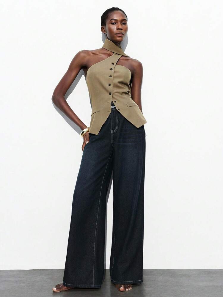 SHEIN Maija 2025년 신상 카키 비대칭 컷 비대칭 어깨 타이 프론트 싱글 브레스트 여성용 조끼, 파티, 오피스, 출퇴근, 비즈니스, 일상복, 로맨틱, 캐주얼, 90년대 레트로, 새해, 휴일, 해변, 졸업, 패션, 미니멀리스트, 결혼식 하객, 호스트, 데이트, 파티, 콘서트, 무대 공연, 아침 식사, 티 파티, 공항, 여름 휴가에 적합한 우아한 스타일