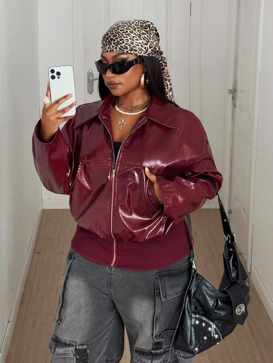 Maweii Women's Casual PU Leather Splicing Ribbed Drop Shoulder Long Sleeve Metal Zipper Jacket/Bomber Winter Fall Autumn - Red - View 1