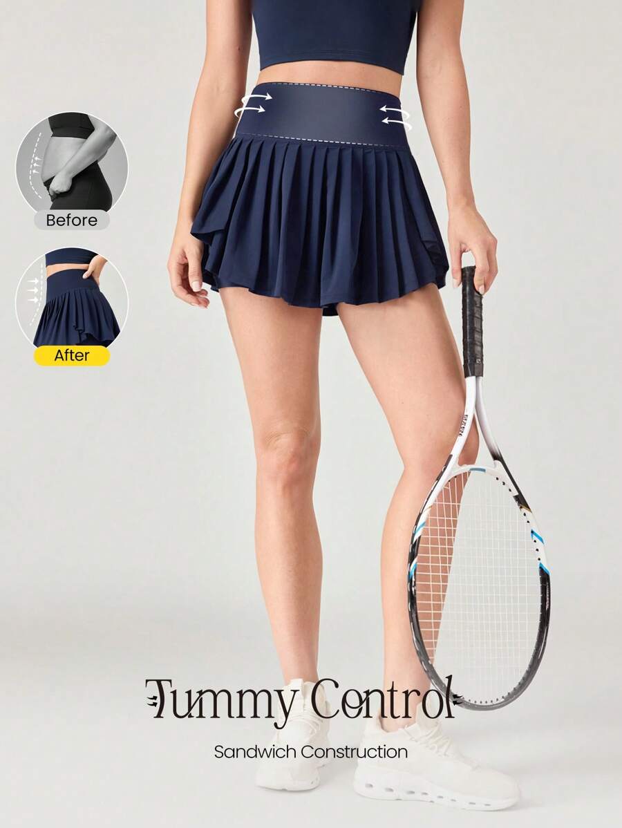 GLOWMODE Ace Flex Tummy Control Pleated Tennis Skirt With Built-In Shorts Side Pockets Tennis Golf Daily Spring Summer - Dark Blue - View 1