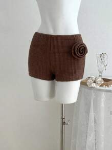 SHEIN Unity 2025 New Style Women Hollow Out 3D Rose Design Casual Shorts - Brown - View 7