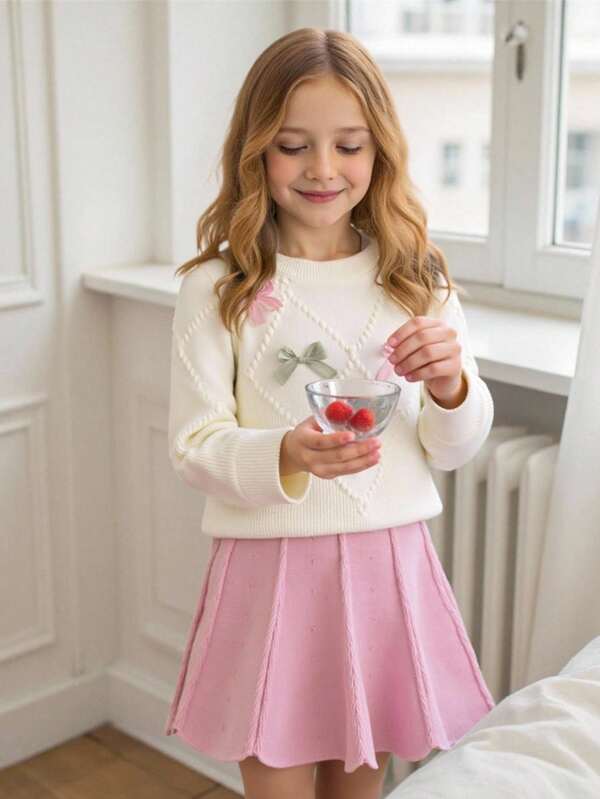 Souflis Souflis 2pcs/Set Young Girls Cute 3D Bow Decor Long Sleeve Sweater And Pleated Skirt, Autumn/Winter