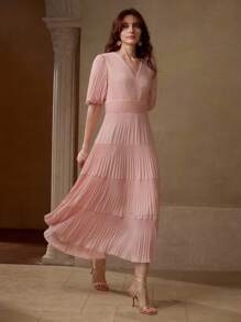 MOTF PREMIUM Vestido con cuello en V, manga abullonada y plisados - Rosa - Ver 6