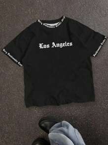 SHEIN Los Angeles Casual Minimalist Koszulka z krótkim rękawem i okrągłym dekoltem dla nastoletnich chłopców, odpowiednia na lato