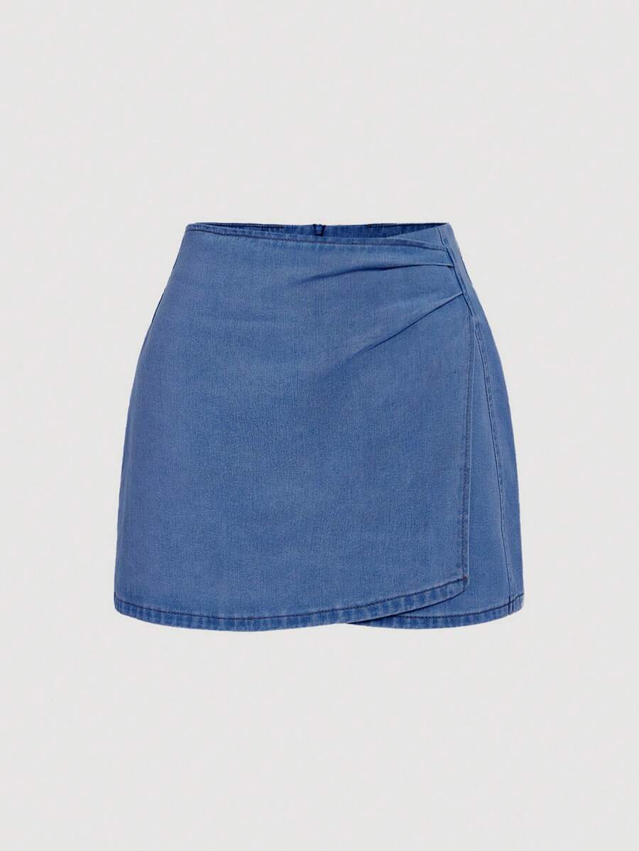 SHEIN MOD 女式褶皱不对称下摆休闲牛仔迷你短裙 - 深色水洗藍 - 查看 1