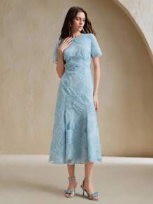 Anewsta Beach Resort Style Valentines Day Short Sleeve Round Neck Floral Print Mermaid Hem Splice Dress - Baby Blue - View 4
