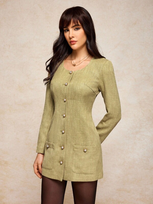 House of One Multi Tweed Round Neck Button Front A-Line Mini Dress Women Elegant Old Money Party Dress Olive Green Dress Long Sleeve Mini Dress Womens Dress Fall Women Clothes Old Money Office Outfits For Women