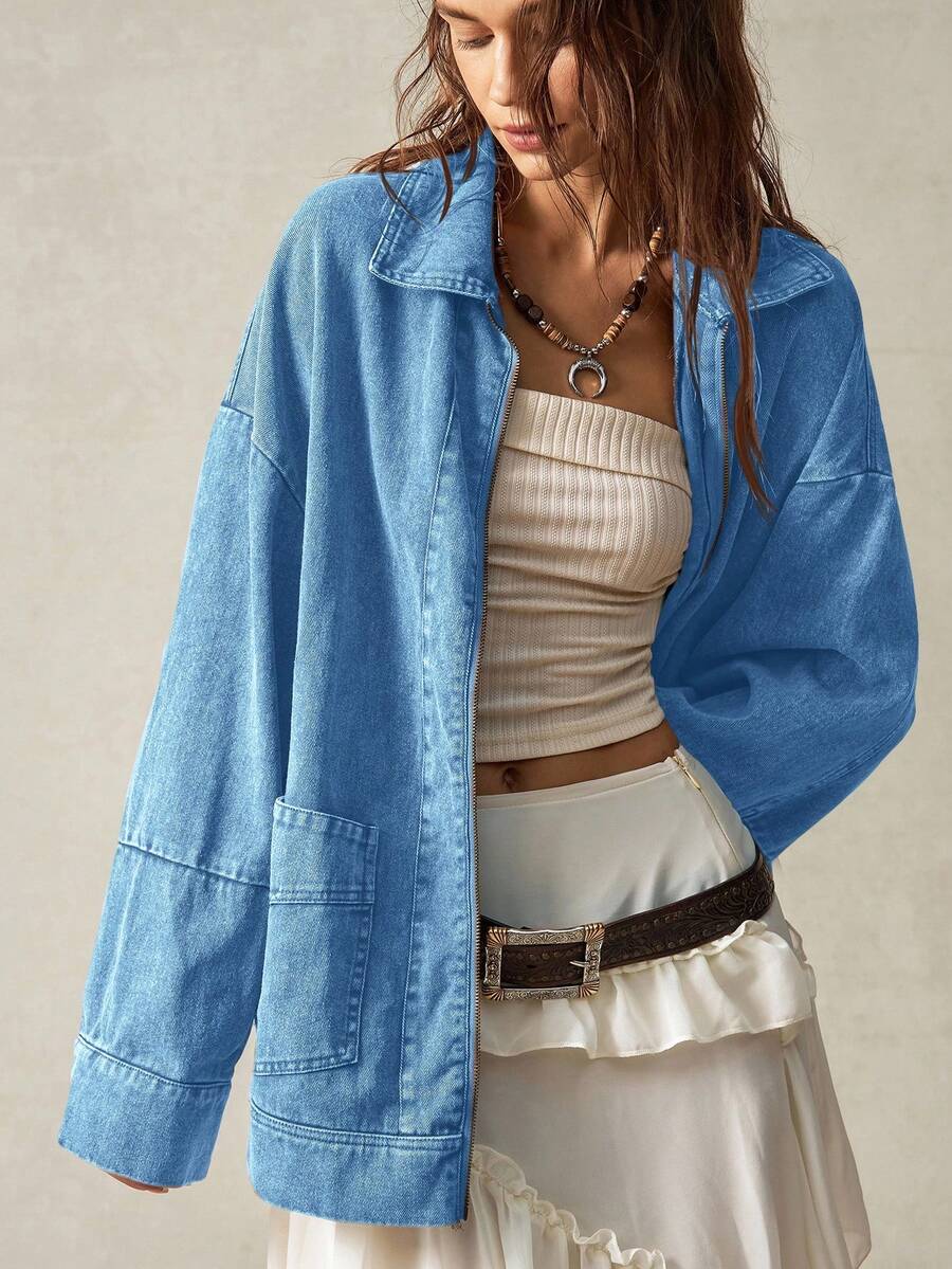 Bohemela Áo khoác nữ tay dài cổ bẻ có túi - Màu xanh lam - Xem 1