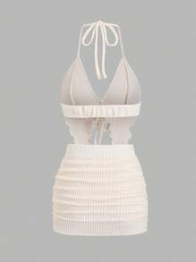 Sweetra 2pcs/Set Women's Off-White Striped Bubble Pleat Twist Halter Neck Backless Tie Up Top And High Waist Tight Short Skirt,Summer Casual Holiday Vacation - Apricot - View 2