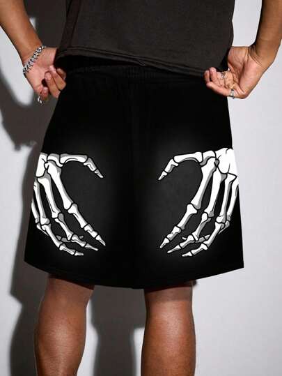 Grunge Punk Pantalones cortos casuales de verano con estampado gótico y cordón en la cintura para hombres, Halloween