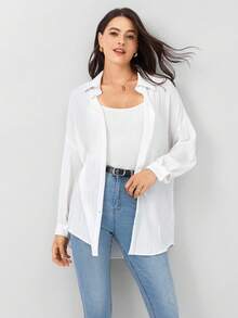 Miaspire 白色女式衬衫落肩纽扣沙滩衬衫 - 白色 - 查看 7