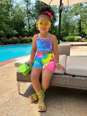 Young Girl 2pcs/Set Casual Tie-Dye Colorful Tank Top & Tie-Dye Shorts Set, Summer Girls Tie Dye Outfit