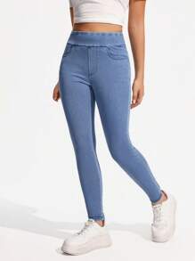 SHEIN PETITE Quần Jeans Skinny Co Giãn Lưng Cao Màu Trơn Thời Trang Túi Đàn Hồi - Rửa nhẹ - Xem 5