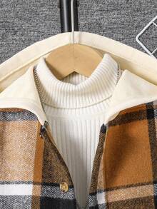 小男孩格子单排扣休闲连帽夹克 - 棕色 - 查看 3