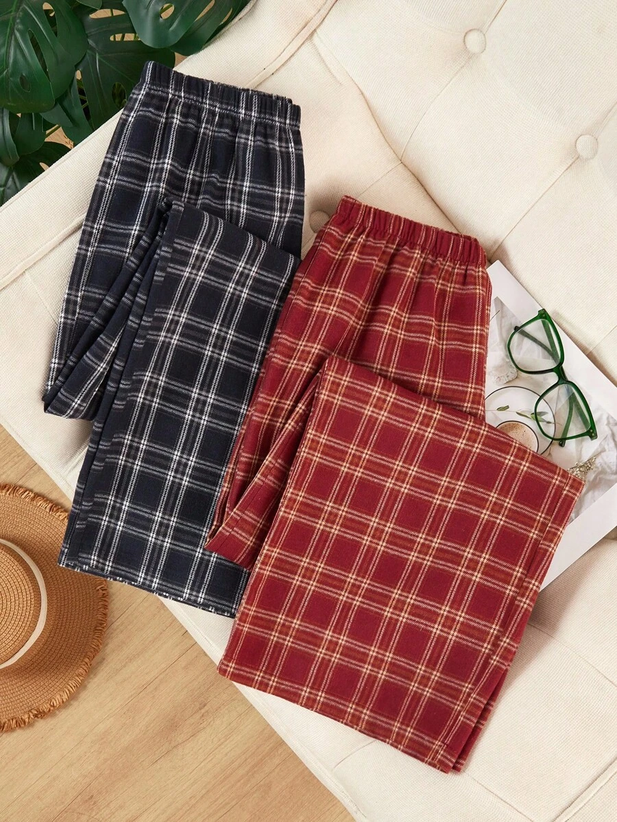 2 Pairs Women's Plaid Low Waist Comfortable Casual Loose Plaid Pants, Fall Clothes, Winter