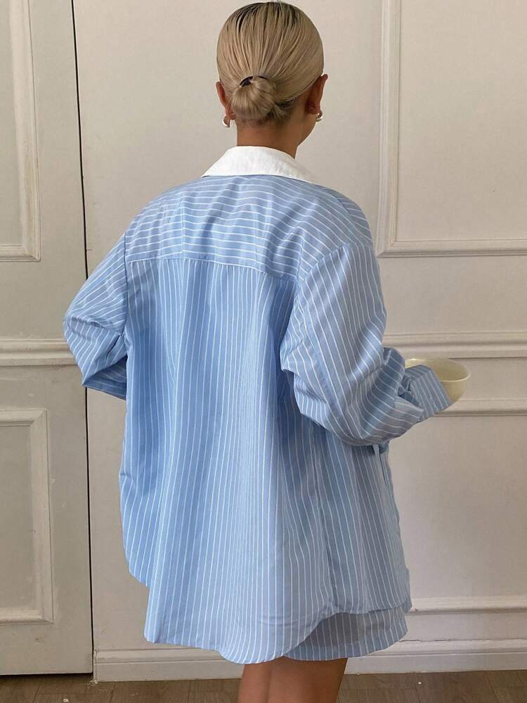 2pcs Women Casual Colorblock Striped Long Sleeve Shirt & Elastic Waist Shorts Set, Vacation Outfit For Autumn,Fall Women Clothes