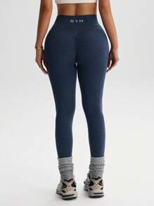 Easithlete 1 件女式海军蓝人字纹印花无缝针织紧身裤，弹力瑜伽健身紧身裤 - 藏蓝色 - 查看 4