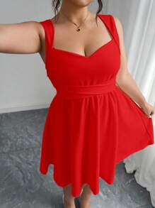 Elenzga Đầm dự tiệc mini không tay thắt nơ cổ trái tim thanh lịch cỡ lớn cho nữ, phong cách nghỉ dưỡng mùa hè - Đỏ - Xem 5