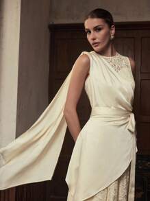 ZEYLAH CONTRAST LACE KNOT DRESS - Apricot - View 1