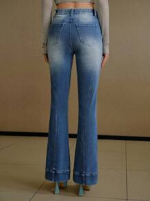 MOTF PREMIUM FAUX PEARL AND RHINESTONE TRIM FLARE LEG JEANS - Blue - View 3
